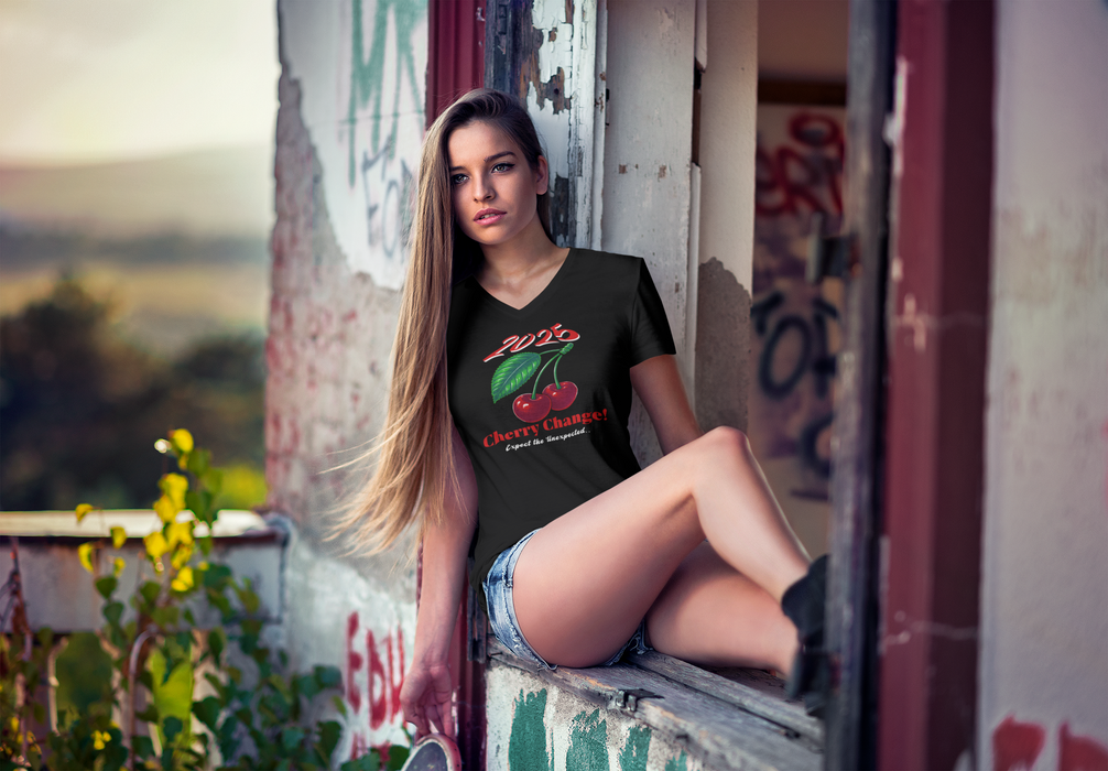 '2025 Cherry Change? Expect The Unexpected' Unisex Jersey Short Sleeve V-Neck Tee.