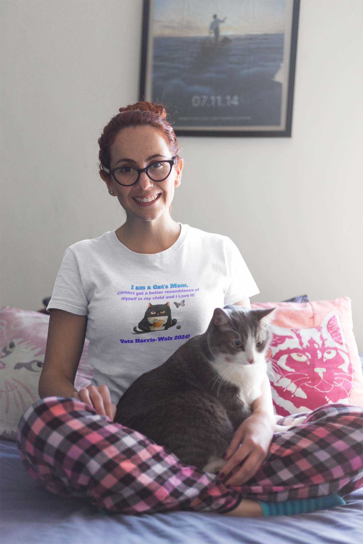 'I am a Cat's Mom, Couldn't Get a Better Resemblance of Myself in My Child and I Love it!...Vote Harris - Walz 2024!' Unisex Ultra Cotton Tee.