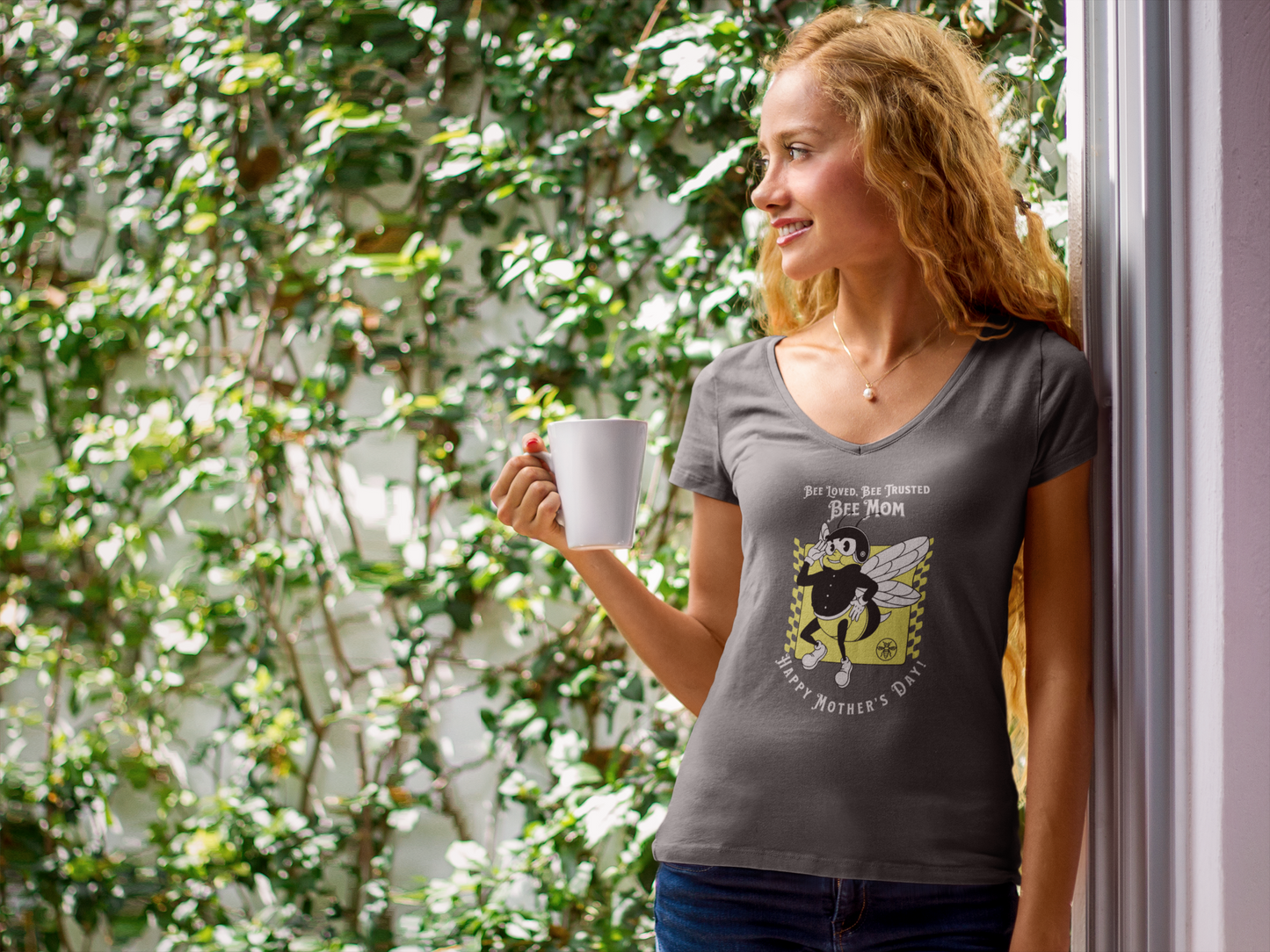 'Bee Loved, Bee Trusted, Bee Mom...Happy Mother's Day! Unisex Jersey Short Sleeve V-Neck Tee.